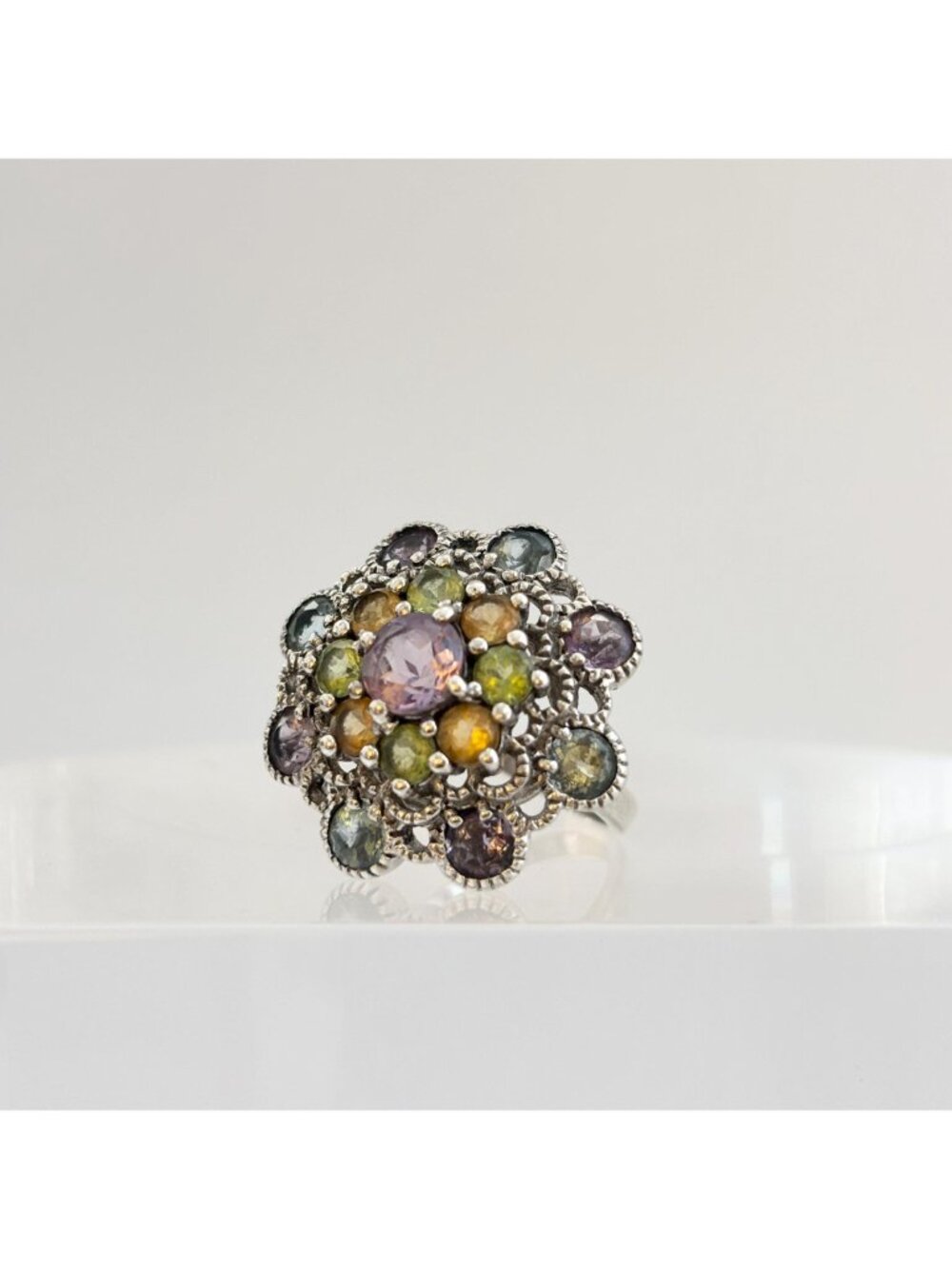 Cluster Rainbow Gemstone Blooming Flower Sterling Silver 925 Vintage Ring - sz 6 - Picture 7 of 16